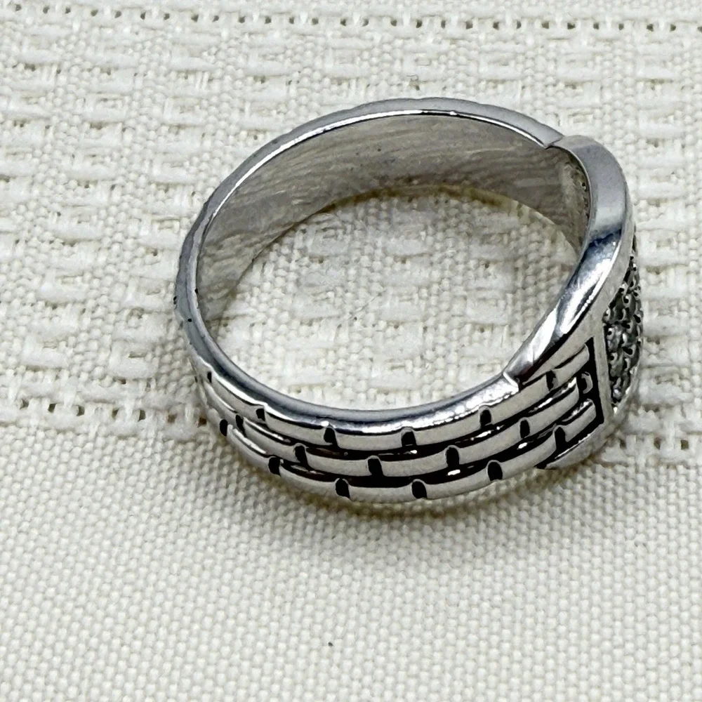 Men's RSC Cigar Band Ring Silver Tone 4 Row CZ Stones Brick Texture Size 11.75